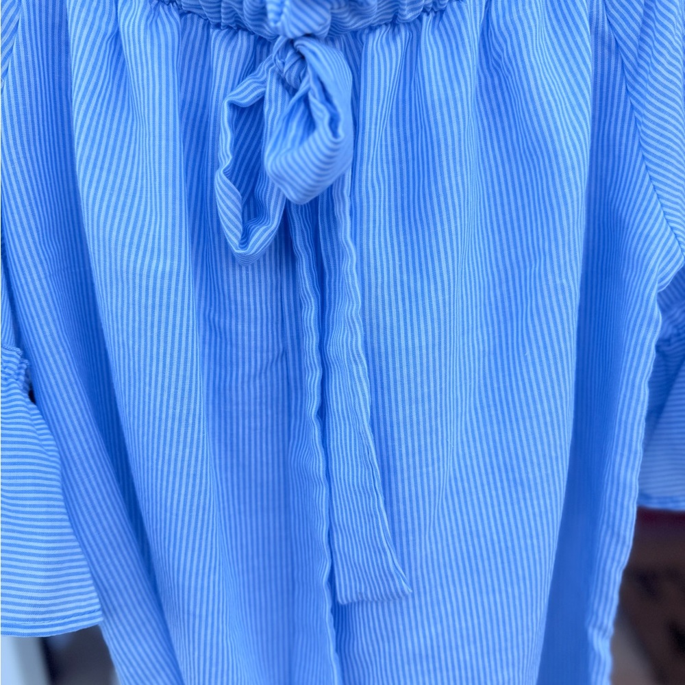 Love In Blue Striped Ruffle Off-Shoulder Top | Size Small - Picture 3 of 4